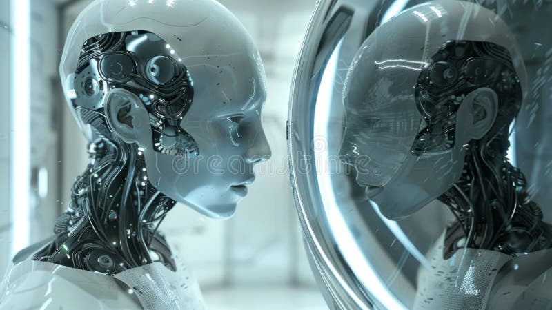 AI Robot Studying Its Reflection
